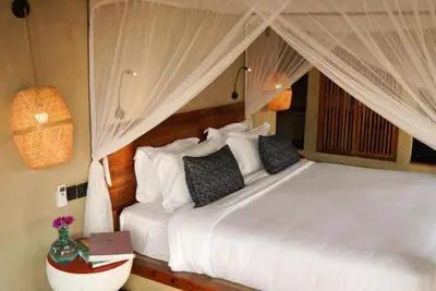 a bedroom with a white bed with a canopy at Suricata Boma Lodge in Mto wa Mbu