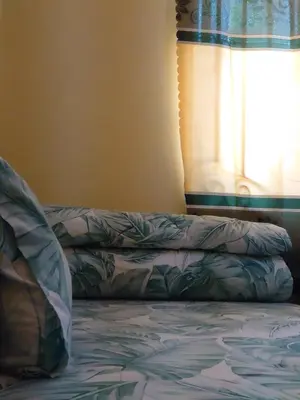 a bed with a pillow next to a window at Sero Safaris Hostel in Arusha
