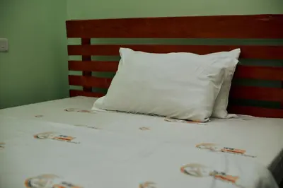 a bed with a white pillow and a wooden headboard at Mesa, Mama Ket Homes Arusha in Arusha