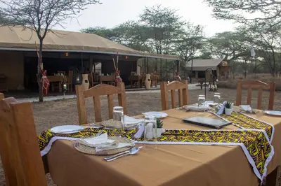 a table with a table cloth on top at Africa Safari Serengeti Kusini in Serengeti National Park