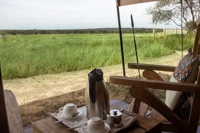 a table with a tea kettle and a view of a field at Africa Safari Serengeti Kusini in Serengeti National Park