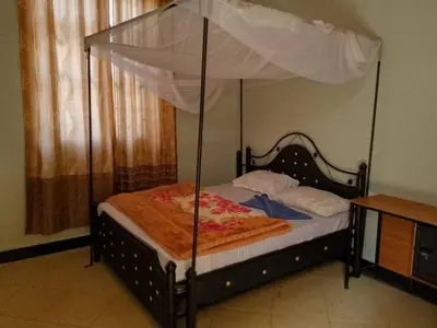 a bedroom with a bed with a canopy at Dangote Farm House Eyasi in Mangola
