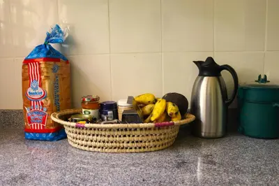 a basket of food sitting on a counter top at My Moka Arusha in Arusha