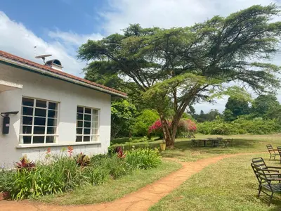 a house with a table and chairs and a tree at Marangu Hotel in Marangu