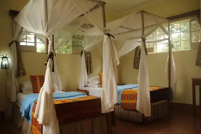 a bedroom with two beds with white drapes at Marangu Hotel in Marangu