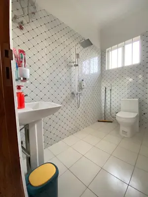 a bathroom with a shower and a toilet and a sink at SandS Escape in Arusha
