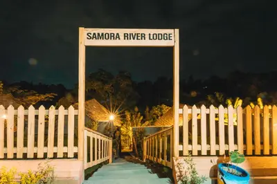 a gate with a sign that reads samara river lodge at Samora River Lodge in Kioga