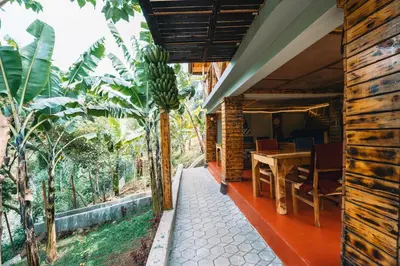 an outside view of a house with a table and a banana tree at Samora River Lodge in Kioga