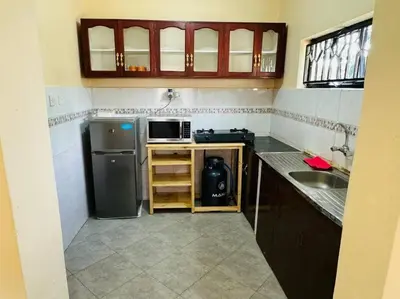 a small kitchen with a refrigerator and a microwave at Mlay Home in Arusha