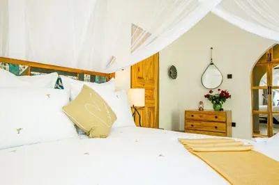 a bedroom with a white bed and a mirror at Treetops Villa in Arusha