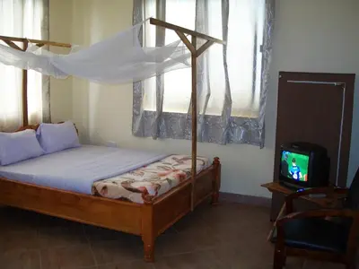 a bedroom with a canopy bed and a tv at Fanaka Safaris Campsite & Lodges in Mto wa Mbu