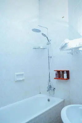 a white bathroom with a tub and a shower at SAS Residence in Arusha