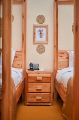 a bedroom with two twin beds and a wooden dresser at Orlando Cottages in Arusha