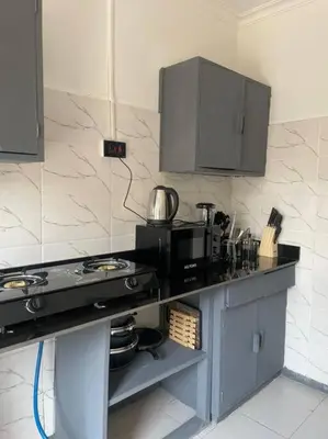 a kitchen with a stove and a counter top at Bai-Mai Homes- Kijenge in Arusha