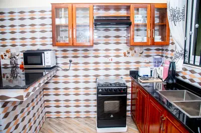 a kitchen with a stove and a microwave at VvEK B&B APARTMENT in Arusha