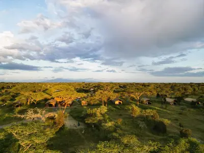 an aerial view of a field with trees and houses at Africa Safari South Serengeti Ndutu Camping in Sinoni