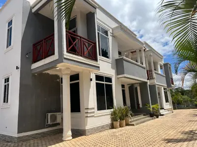 a large white house with a palm tree at Shanti Apartments in Uru