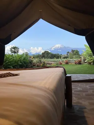 a view of a mountain from the inside of a tent at Kibo View Farm Lodge in Shiri