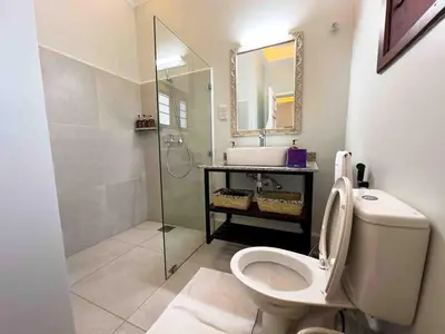 a bathroom with a toilet and a sink and a mirror at The Green House in Arusha