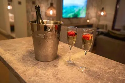 two wine glasses and a bucket with a bottle of champagne at The Green House in Arusha
