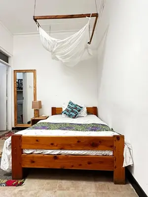 a bedroom with a bed with a mosquito net at Ethiopian restaurant and lodge in Arusha