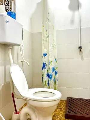 a bathroom with a toilet and a shower curtain at Ethiopian restaurant and lodge in Arusha