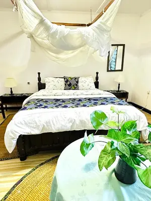 a bedroom with a bed with a plant in it at Ethiopian restaurant and lodge in Arusha