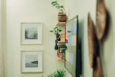 a wall with pictures and plants on it at Hatua Dahlia Home in Arusha