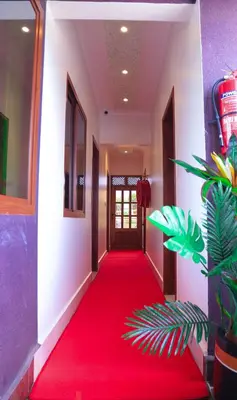 a red carpeted hallway with a red carpeted floor at River House Lodge International in Arusha
