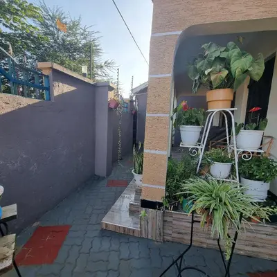 a patio with potted plants and a stairway with a building at Divine Homestay Arusha in Arusha