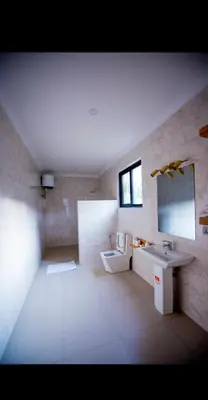 a bathroom with a sink and a toilet and a mirror at Ritzy Arcadia Cottages in Arusha