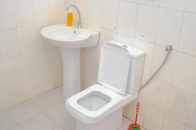 a bathroom with a white toilet and a sink at Osim Apartment in Arusha