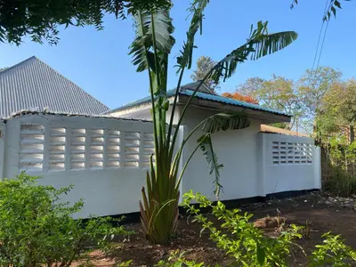 a palm tree in front of a white fence at Tourist Home in Moshi