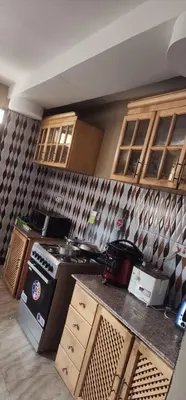 a kitchen with a stove and a counter top at Lambatini Homestays & Lodges in Arusha