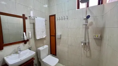 a bathroom with a sink and a toilet and a shower at Skylark Hotel in Karatu