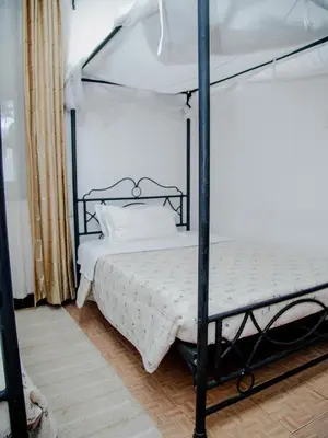 a bedroom with a four poster bed with white sheets at Arusha Centre Rooms in Arusha