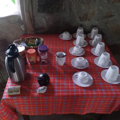 a table with tea pots and cups on a plaid table cloth at Tindiga Tented Camp Eyasi in Mangola