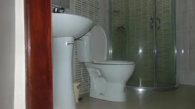 a bathroom with a toilet and a shower at Njiro Ebenezer Retreat Lodge in Arusha