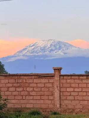 a snow covered mountain in the distance behind a brick wall at Malaika Oasis in Moshi