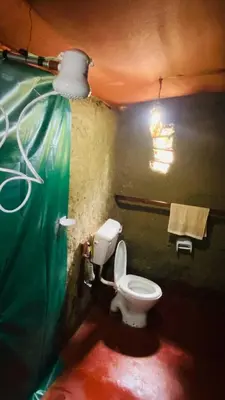 a bathroom with a toilet and a green wall at Alkebulan Farm House in Moshi