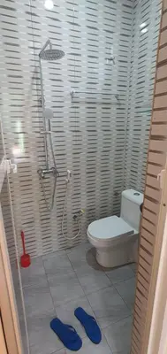 a bathroom with a shower and a toilet in it at Hopeland Villas in Msaranga