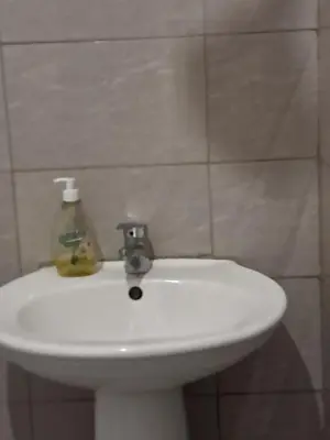 a white bathroom sink with a soap bottle on it at Ibrahim Garden Hostel in Arusha