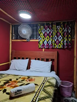 a bedroom with a bed and a fan at Ibrahim Garden Hostel in Arusha