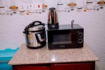a microwave sitting on a counter next to a toaster at Hadraj Moshono Apartment1 in Arusha