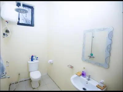 a bathroom with a toilet and a sink and a mirror at New Star House in Arusha