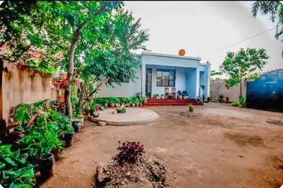a blue house with trees and plants in a yard at New Star House in Arusha