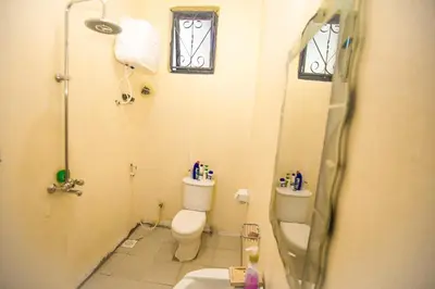 a bathroom with a shower and a toilet and a sink at Bantulaki House in Arusha