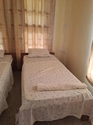 two twin beds in a room with curtains at Hans kili home in Moshi