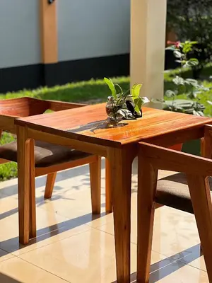 a wooden table with a plant on top of it at Kivuli Lodge in Moshi