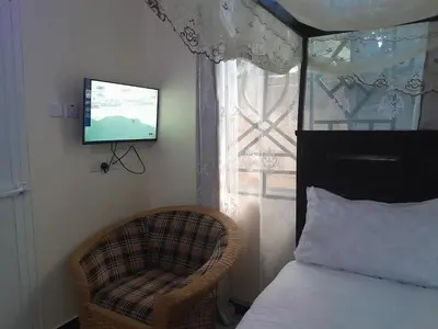 a bedroom with a bed and a chair and a television at STAN LODGE Babati in Babati